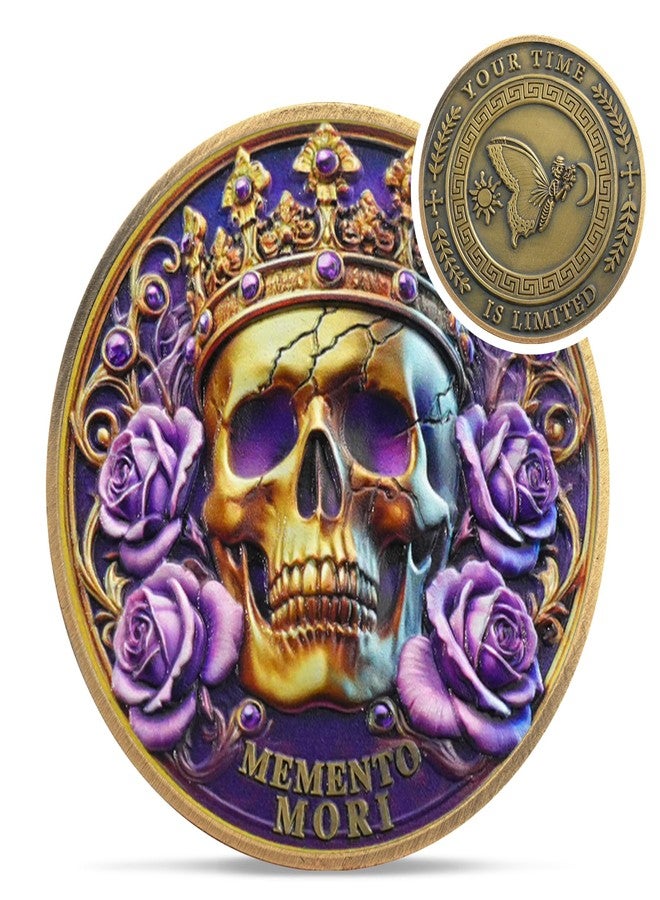 IELCJJ Crown Skull Memento Mori Coin - Purple Rose Stoic Challenge Coin - Novelty EDC Amor Fati Token Medallions for Daily Stoic Practice - Inspirational Momento Mori Stoicism Gifts for Men Women Kids - Image 1